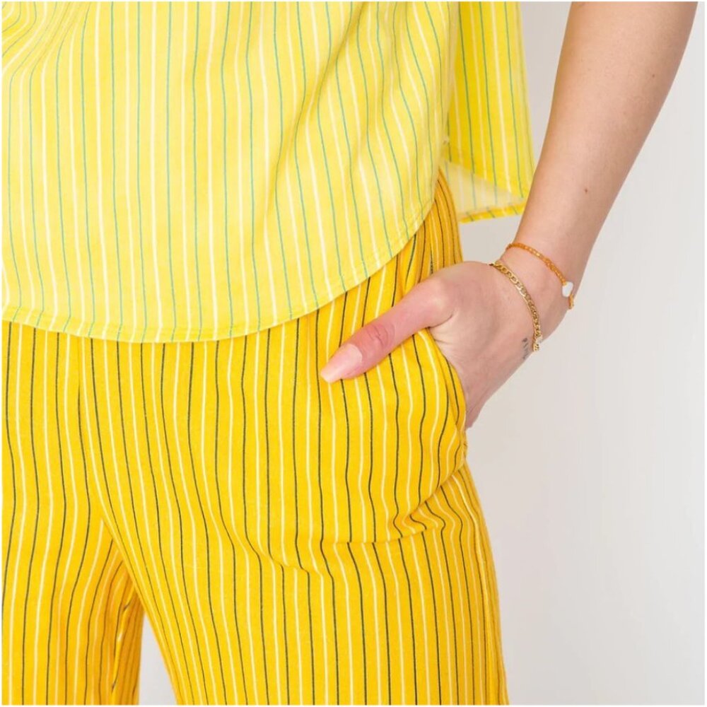 La Detresse Yellow Striped Viscose/Linen Wide Leg Cropped Pants Sz M Pockets